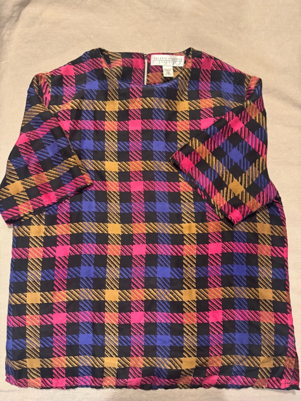Vintage Valerie Stevens 100% Pure Silk Geometric Plaid Blouse - size 6 / 8